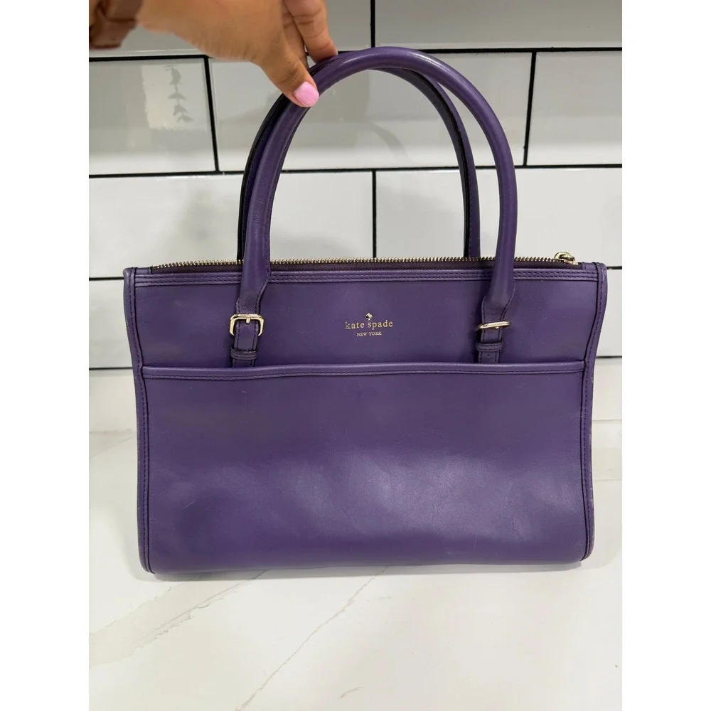 Kate Spade New York Purple Leather Satchel Zip Top Tote Bag Silver Hardware